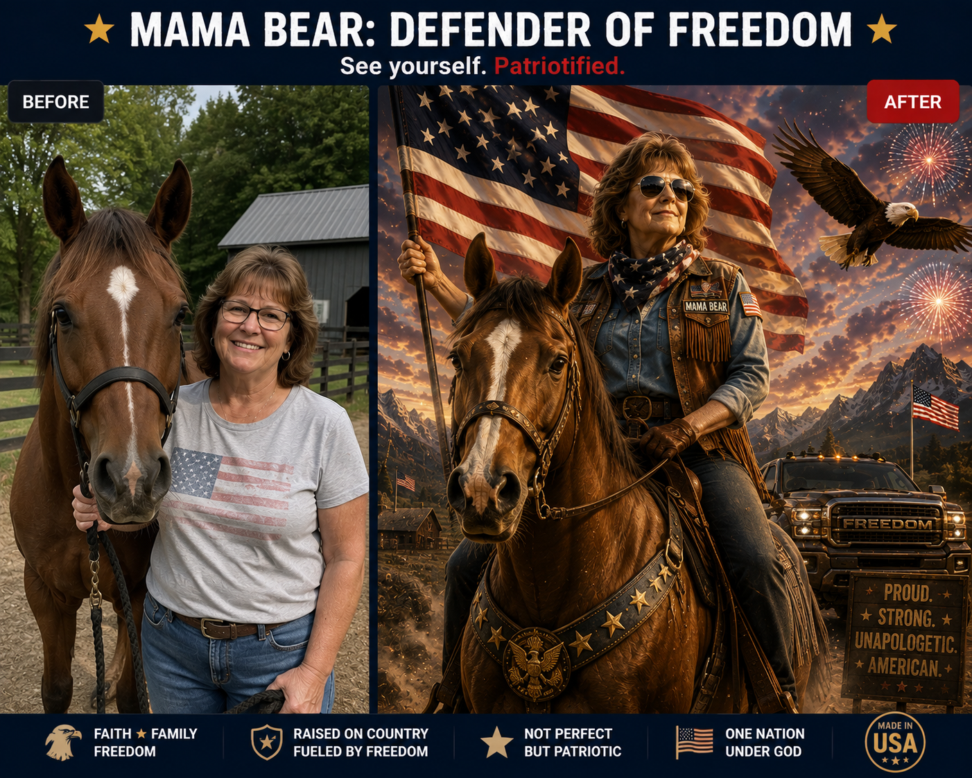 Before and after Patriotify horse rider example